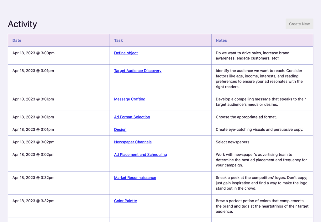 View activity for all Tasks in one place